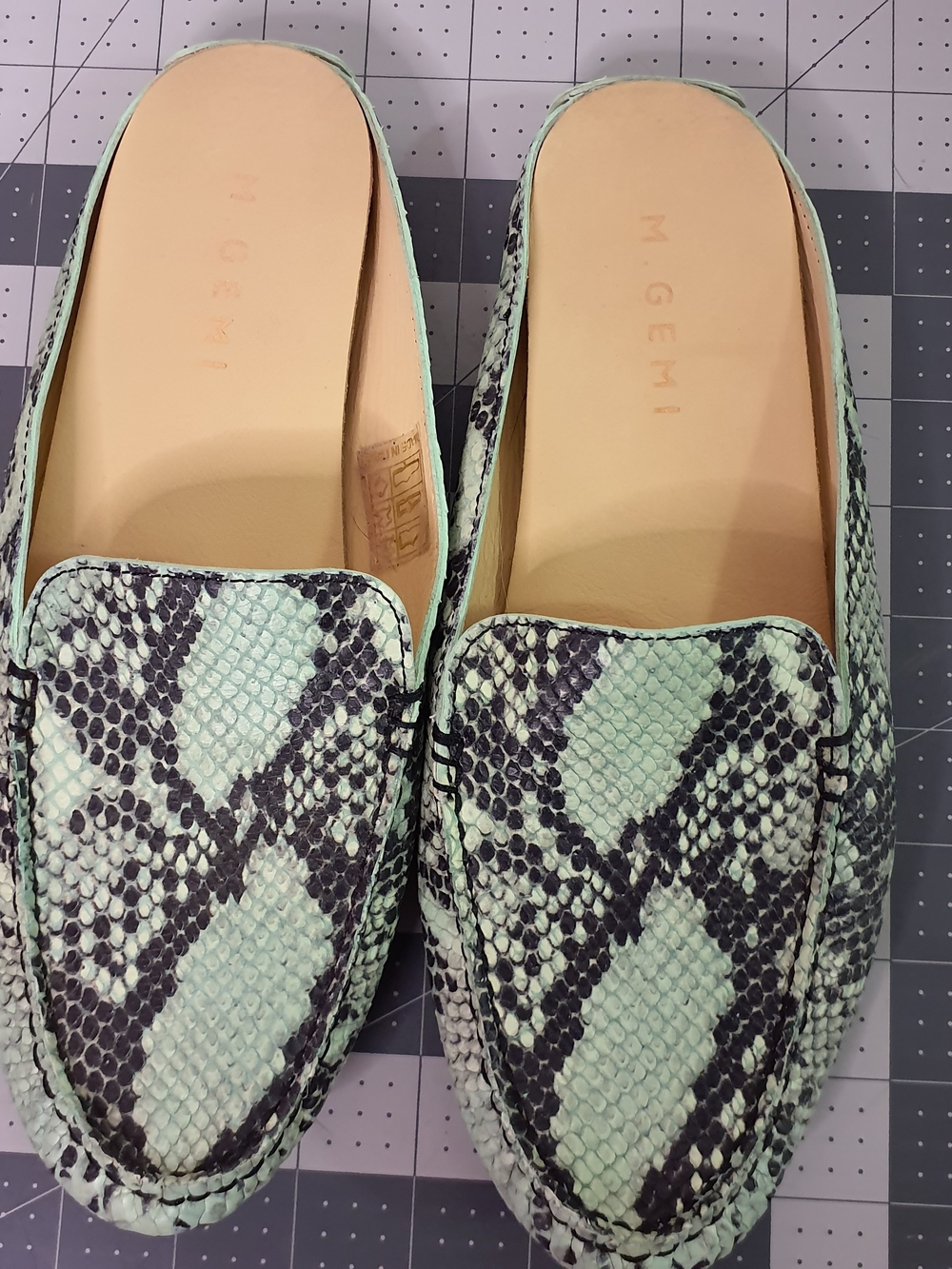 M. Gemi Mint and Black Snake-Print Leather Mules